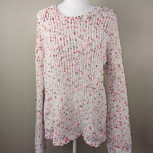 CROWN AND IVY CHENILE CONFETTI SWEATER, WHITE WITH PINK AND RED SPECKLES, SMALL